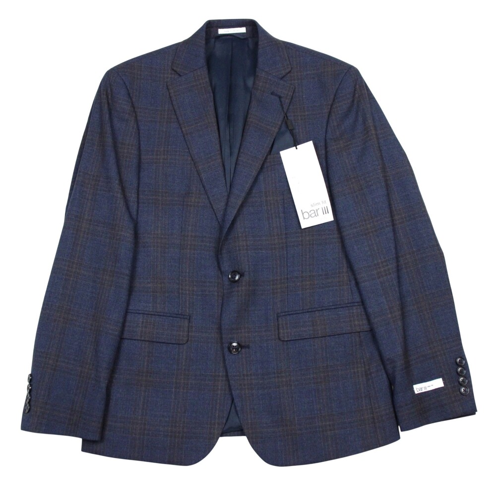$425 Bar III Mens Blue Tan Plaid Suit Jacket 38 S Slim Fit Wool Blend Stretch